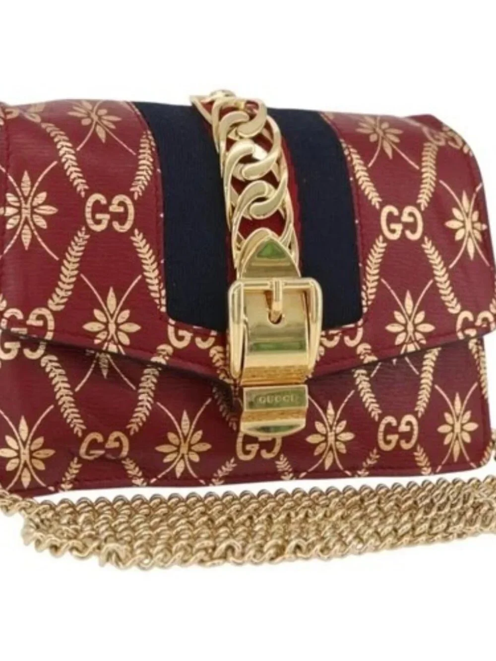 GUCCI GG Canvas Sylvie Sherry Line Chain Bag Leather Red 494646 Auth BAZ806A